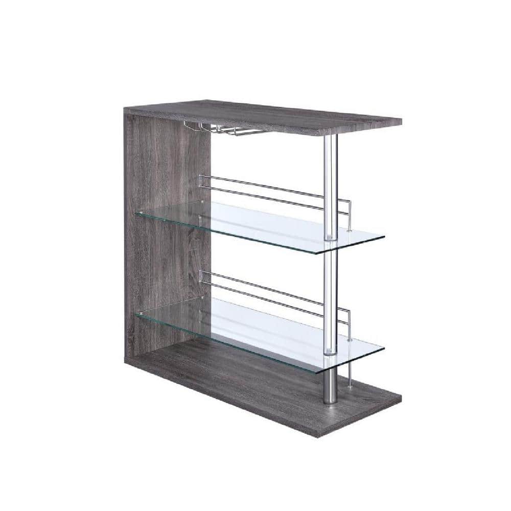 Weathered Gray and Chrome Rectangular Bar Unit with Glass Shelves