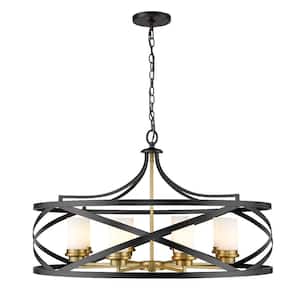 8-Light Matte Black and Olde Brass Pendant with White Glass Shade