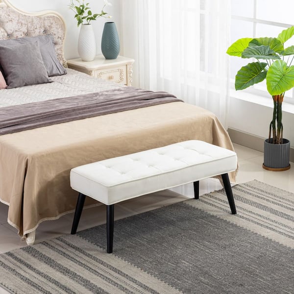 Brooklyn Tufted Cream Velvet Ottoman Accent Bench 40.25 in. x .16.25 in. x 17 in.