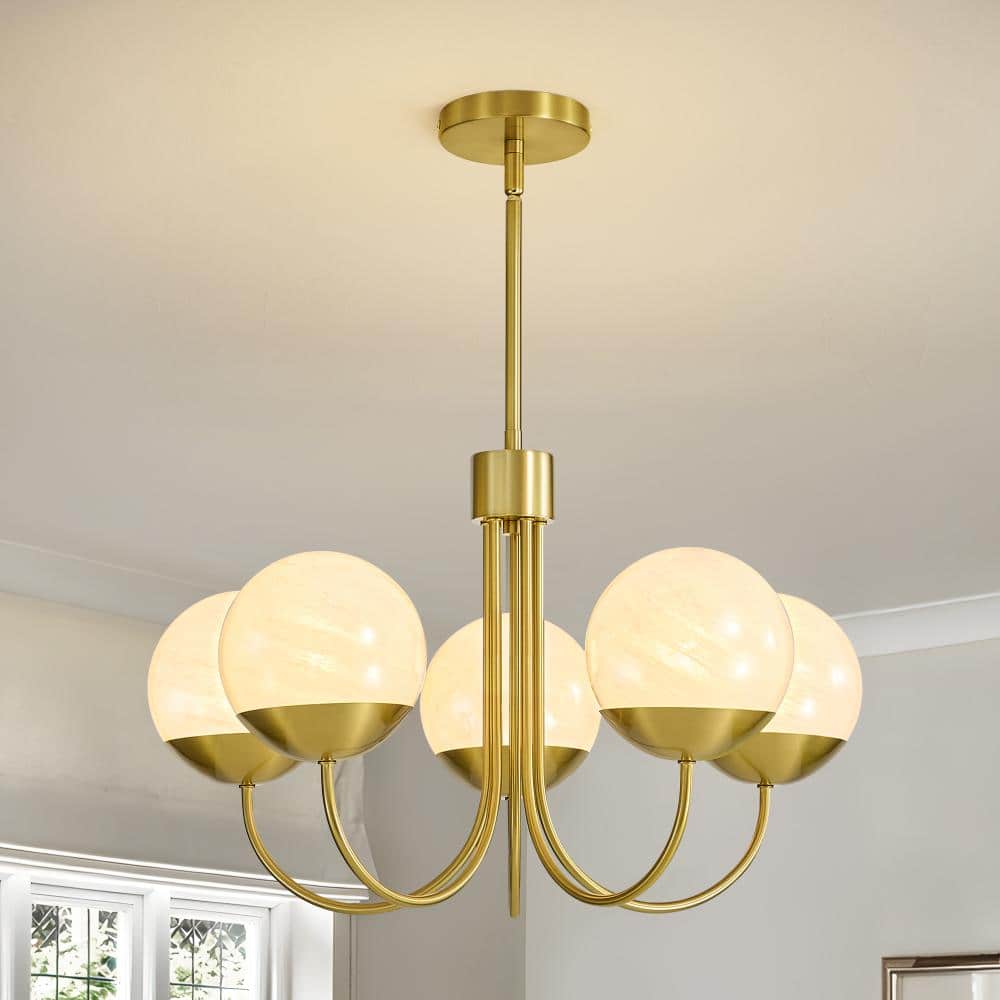 KAISITE 5-Light Indoor Gold Vintage Round Glass Chandelier (Bulbs