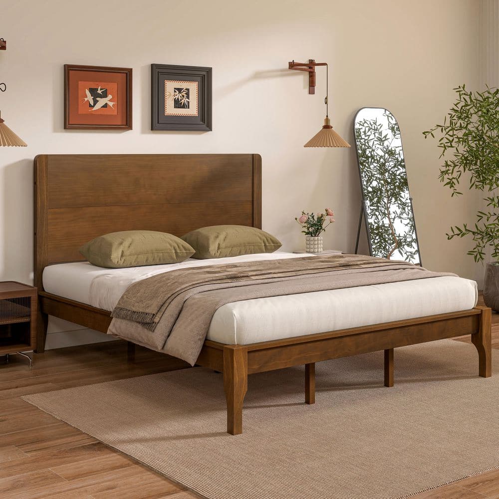 Brown Wood Frame King Size Platform Bed with Tall Headboard and Footboard