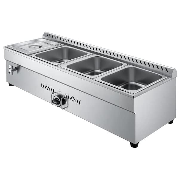 4-Pan Commercial Propane Steam Table, LP Gas Outdoor Soup Warmer with Drain Valve, Stainless Steel Propane Food Warmer