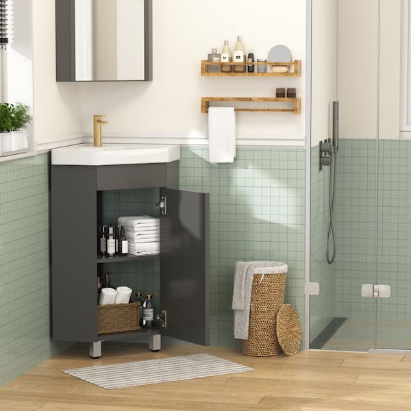 17 in. Freestanding Grey Corner Bath Vanity with Triangular Ceramic Top Unassembled, Adjustable Shelf and Deep Basin