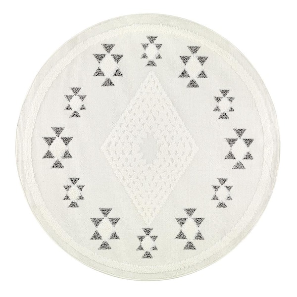 Antep Rugs Palafito White 5'3" Round Moroccan Shag Diamond High-Low Pile Textured Indoor Area Rug