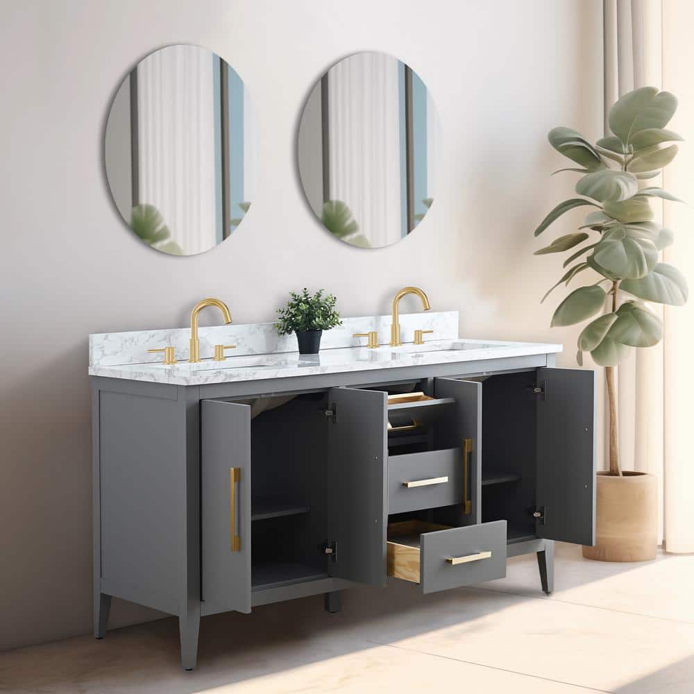60" Cashmere Gray Double Sink Vanity with Gold Hardware and Marble Top