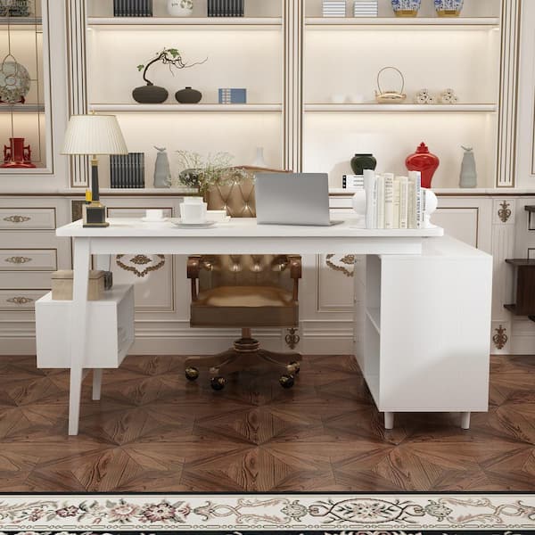 FUFU&GAGA 55.1 in. Width L-shaped White Wooden 3-Drawer Computer Desk, Writing Desk with Shelves Storage