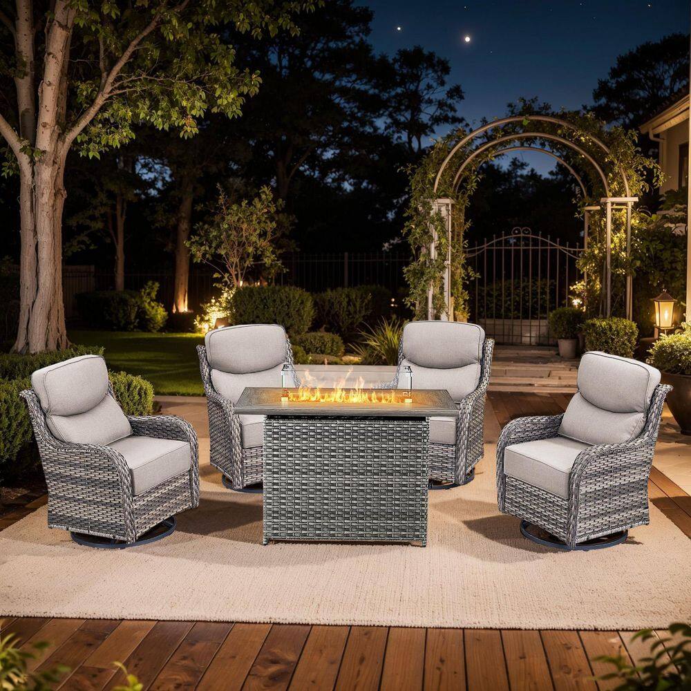 Holion 5-Piece Fire Pit Patio Set Gray Wicker Outdoor Conversation Sets with Swivel Glider Chairs and Gray Cushions price history on PriceWatchPro