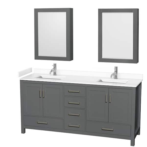 Wyndham Collection Sheffield 72 in. W x 22 in. D x 35 in. H Double Bath Vanity in Dark Gray with White Cultured Marble Top and MC Mirrors
