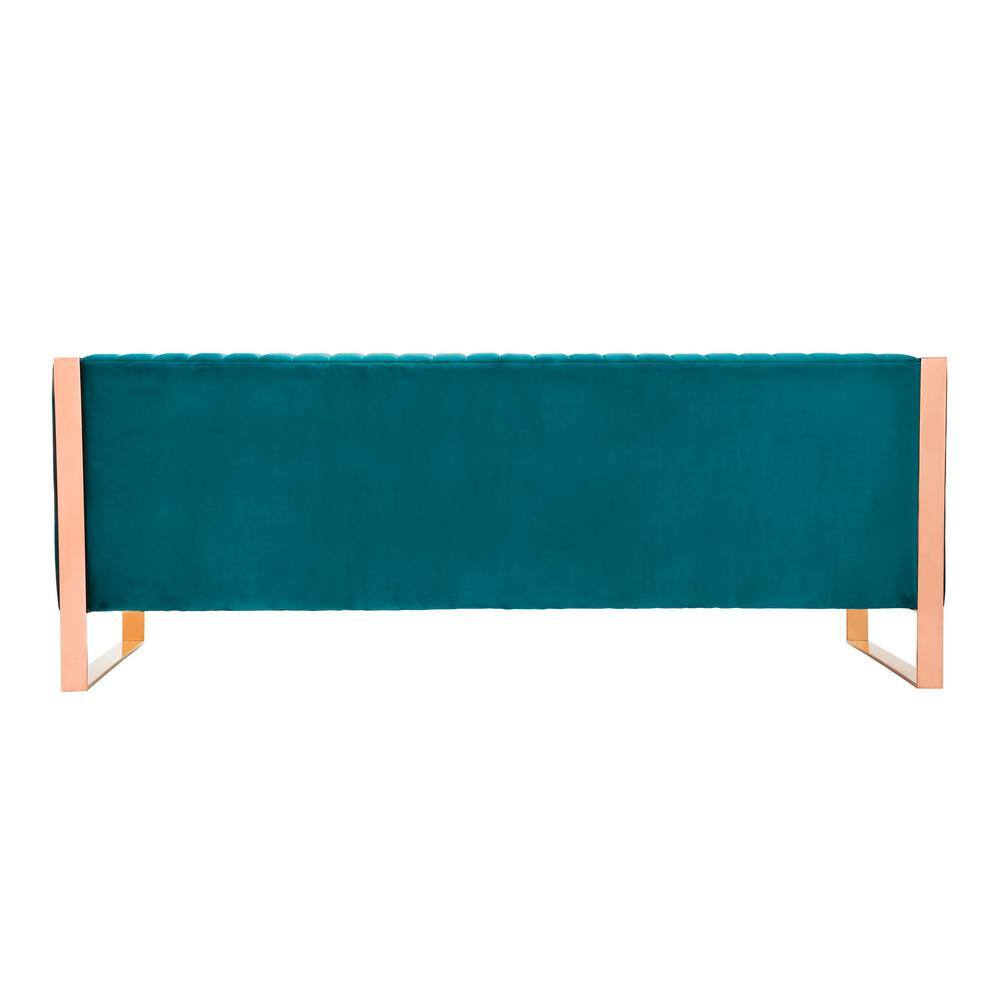 Aqua Blue Velvet and Rose Gold Metal 3-Seater Sofa