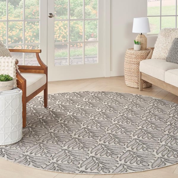 Aloha Charcoal 8 ft. x 8 ft. Tropical Palm Botanical Contemporary Indoor/Outdoor Round Patio Area Rug