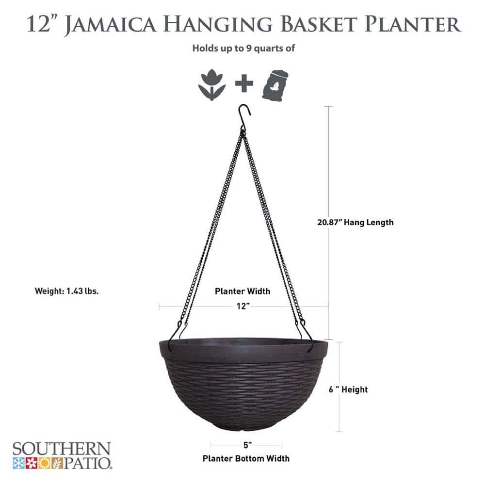 12" Dark Brown Resin Wicker Hanging Basket Planter