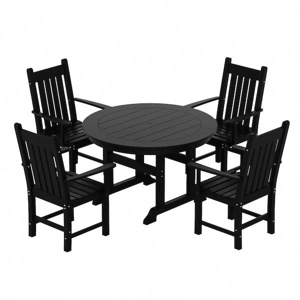 WESTIN OUTDOOR Hayes 5-Piece HDPE Plastic All Weather Outdoor Patio Round Trestle Table Dining Set with Arm Chairs in Black