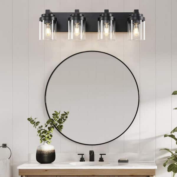 24.1 in. 4-Light Matte Black Bathroom Vanity Light Fixtures Over Mirror with Clear Glass Shade (Bulb Not Included)