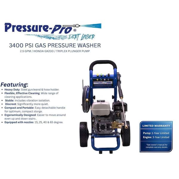 Dirt Laser 3400 PSI 2.5 GPM Cold Water Gas Pressure Washer with Honda GX200 Engine