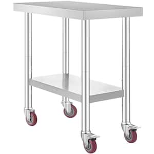 Stainless Steel Work Table, 30 x 18 x 34 in. 700 lbs. Kitchen Prep Table 4 Wheels 3 Adjustable Heights, Silver