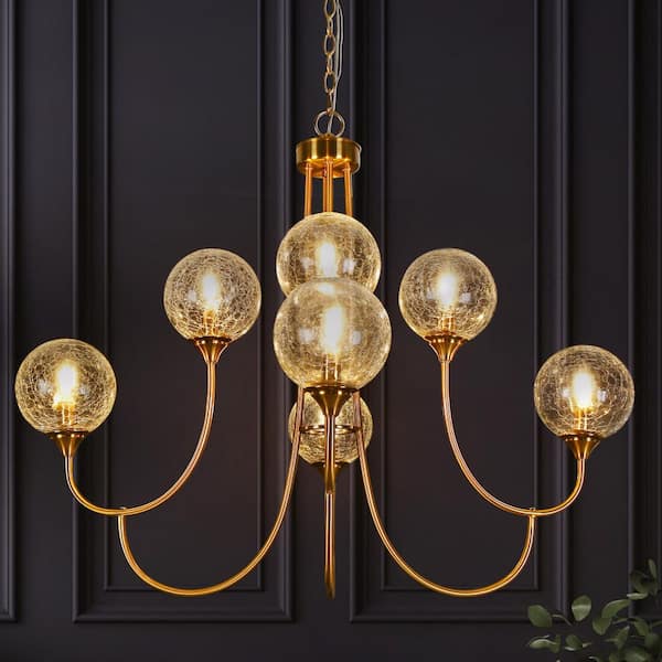 Lunary 36.6 in. Modern Chandelier Brass 8-Light Candlestick Tiered High Ceiling Light with Crackle Glass Globes