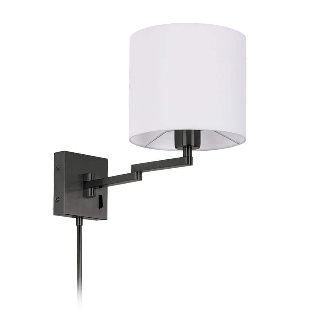 8 in. 1-Light Matte Black Transitional Wall Sconce with White Fabric Shade