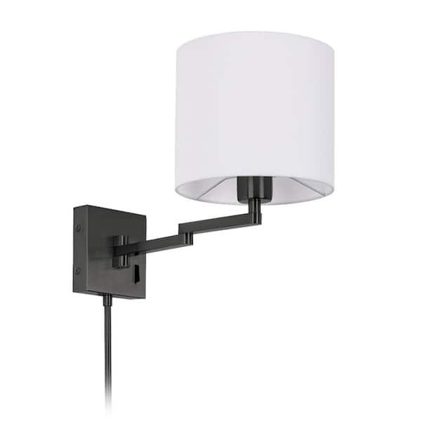Dainolite 8 in. 1-Light Matte Black Transitional Wall Sconce with White Fabric Shade