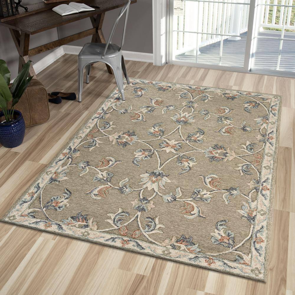 Victorian Mirroring Floral Bloom Hand-Tufted Wool Rug 5' x 7' Blue