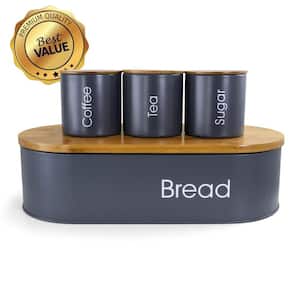 4-Piece Metal Canister Set and Bread Box with Bamboo Cutting Board Lid in Gray