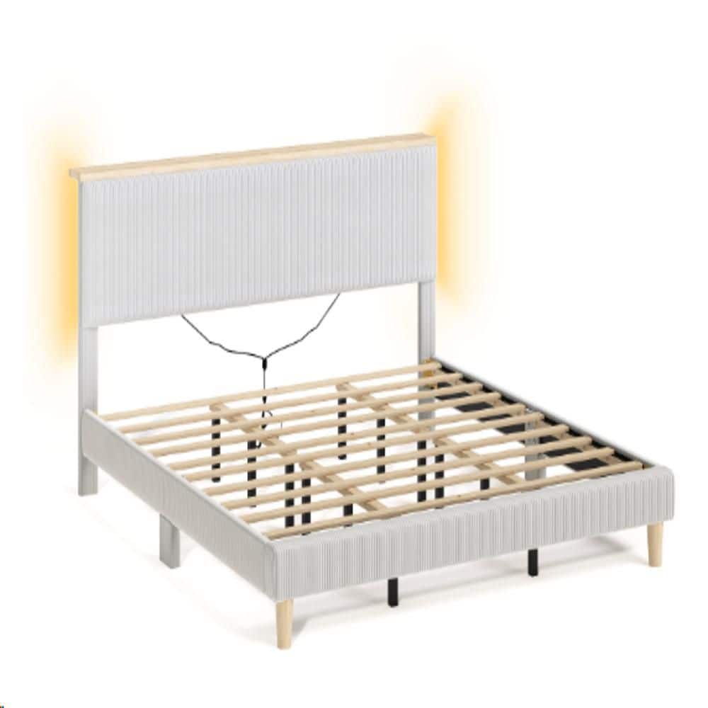Light Gray Wood Frame Queen Velvet Upholstered Platform Bed Frame with Storage Headboard and LED Lights
