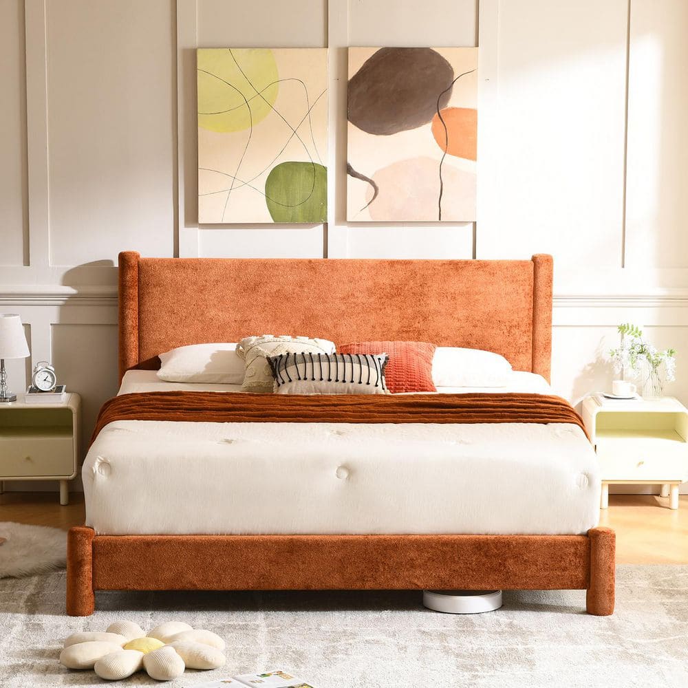 Orange Metal Frame King Upholstered Platform Bed with Wingback Headboard, Soft Polyester Fabric and Wood Slat Support