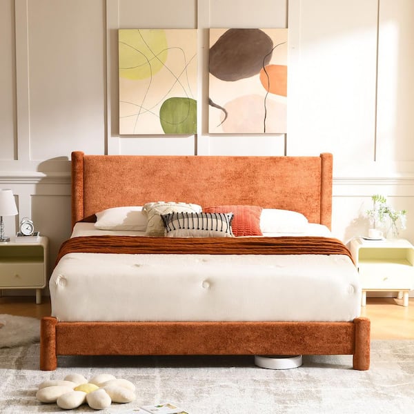 Orange Metal Frame King Upholstered Platform Bed with Wingback Headboard, Soft Polyester Fabric and Wood Slat Support