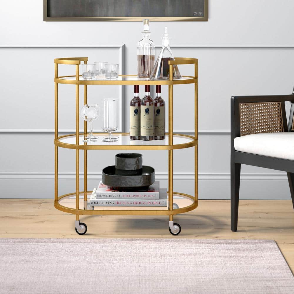 Evelyn Oval Brass Bar Cart with Tempered Glass Shelves