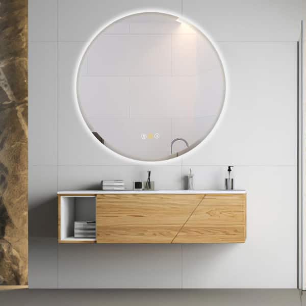 stufurhome NT 36 in. W x 36 in. H Round Frameless Beveled 3 Colors Dimmable LED Anti-Fog Memory Wall Mount Bathroom Vanity Mirror