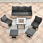 Echo Beige 6-Piece Wicker Outdoor Multi-Functional Patio Conversation Sofa Set with a Fire Pit and Black Cushions