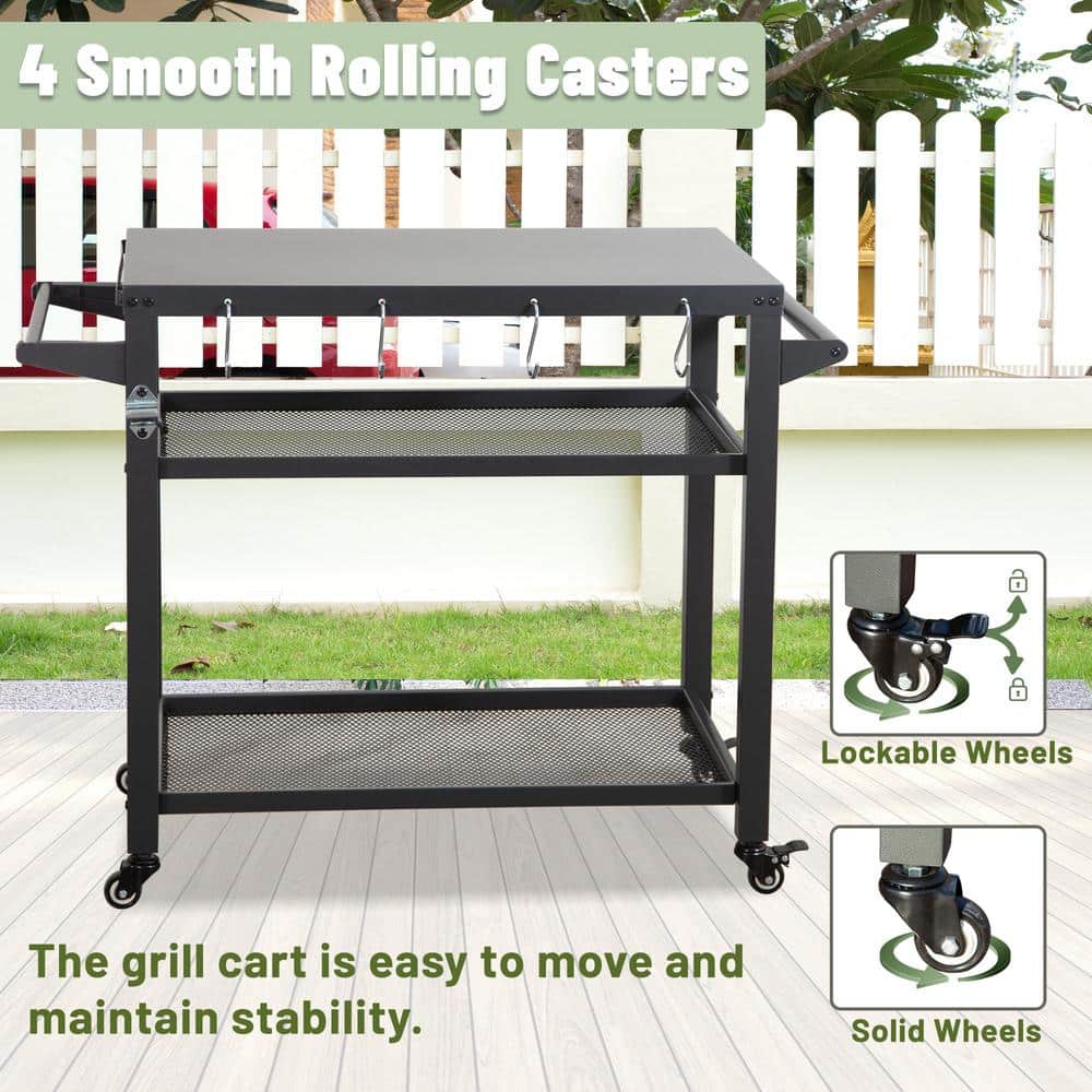 Gray Stainless Steel 3-Shelf Outdoor Grill Cart with Wheels