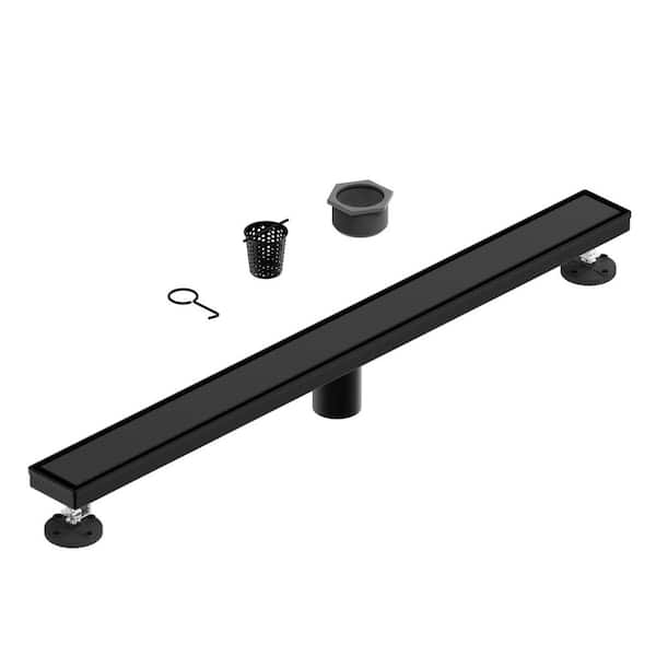 32 in. Linear Shower Drain, Square Grid Pattern 304 Stainless Steel Floor Drain w/Hair Strainer, Matte Black