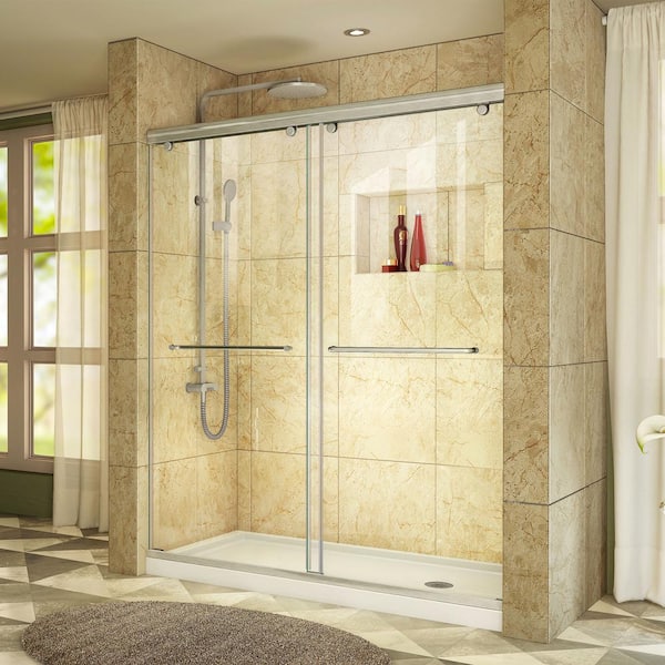 DreamLine Charisma 32 in. x 60 in. x 78.75 in. Semi-Frameless Sliding Shower Door in Brushed Nickel and Right Drain White Base