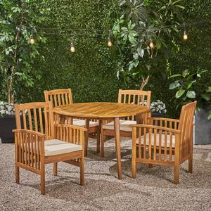 Casa Acacia Teak Brown 5-Piece Acacia Wood Round Table with Straight Legs Outdoor Dining Set with Cream Cushions