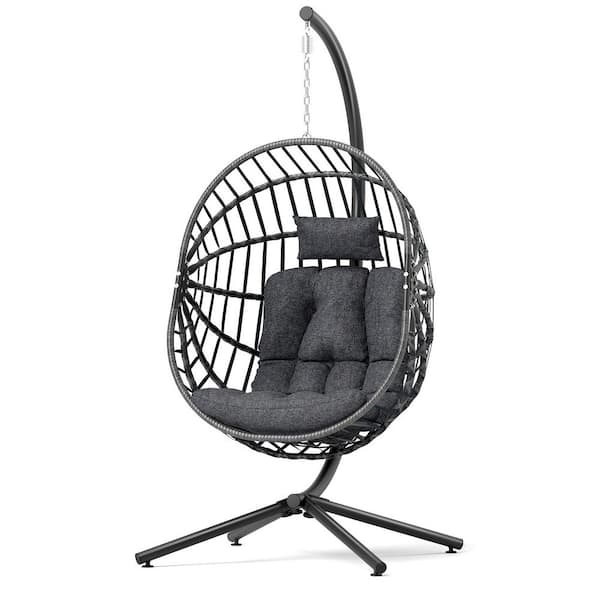 YIYEKE 1-Person Wicker Patio Swing Egg Chair with Stand and Gray Cushion