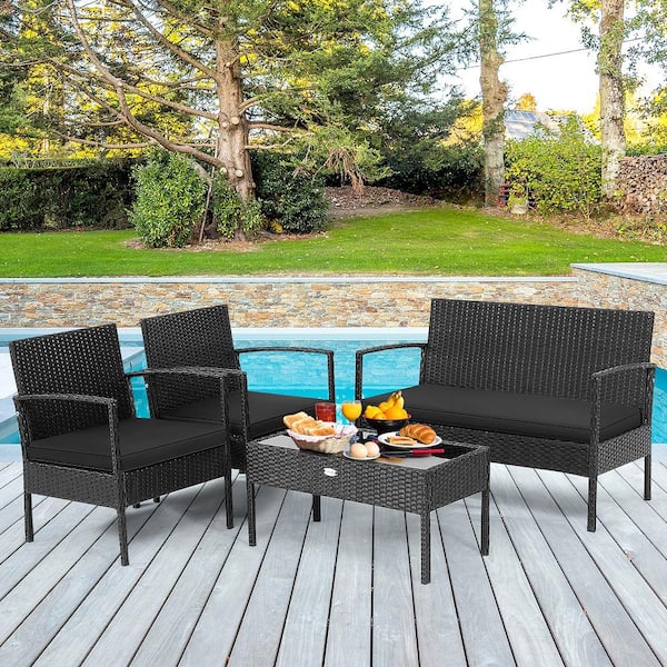 Costway 4 Pieces Patio Rattan Furniture Set Cushioned Sofa Armrest Garden Black QD 689G3