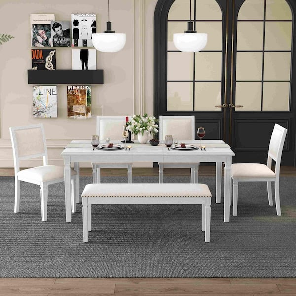 6-Piece Rectangle Beige/White Washed Wood Top Dining Room Set Seats 6