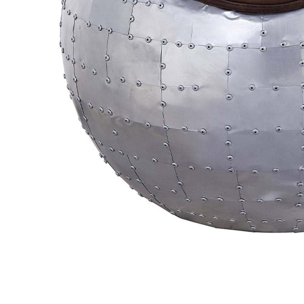 Retro Brown Top Grain Leather and Aluminum Round Ottoman