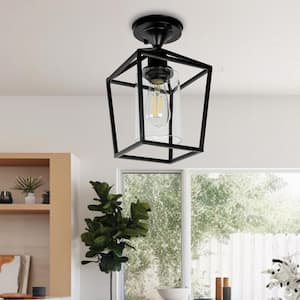 7 in.1-Light Black Retro Semi-Flush Mount with Glass Shade and No Bulb Included (1-Pack)