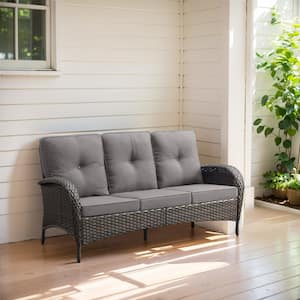 PlainCurve Metal and Brown Wicker Outdoor 3-Seat Sectional Couch Sofa with Olefin Gray Cushions