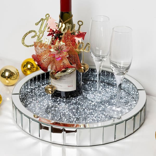 THKSHOUZ Silver Glass Round Mirror Tray with Rotating Base (Single Piece)