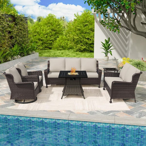 6-Piece Wicker Outdoor Patio Fire Pit Conversation Sofa Set Swivel Rocking Chairs with Beige Cushions