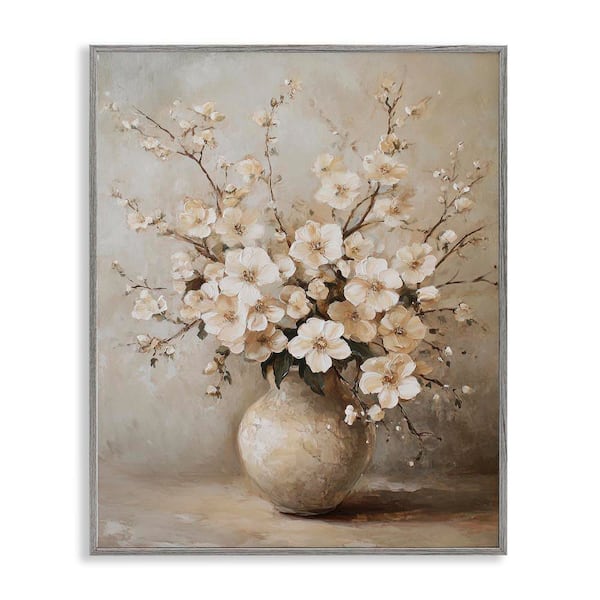 Stupell Industries Cherry Blossoms in Pottery by Petal Prints Design Gray Framed Nature Giclee Art Print 30 in. x 24 in.