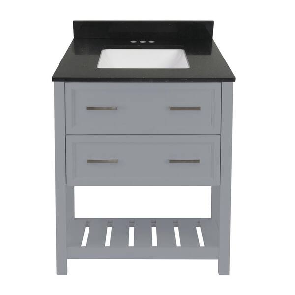 Amluxx Milan 25 in. W x 19 in. D Bath Vanity in Grey with Quartz Stone Vanity Top in Galaxy Black with White Basin
