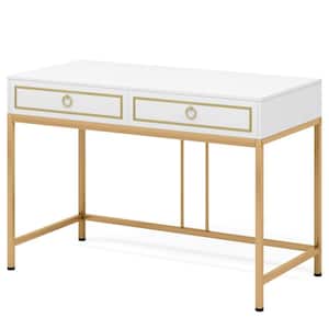 43.3 in. Rectangular White and Gold Wood Computer Desk with 2 Drawers Writing Desk, Makeup Study Table for Home Office
