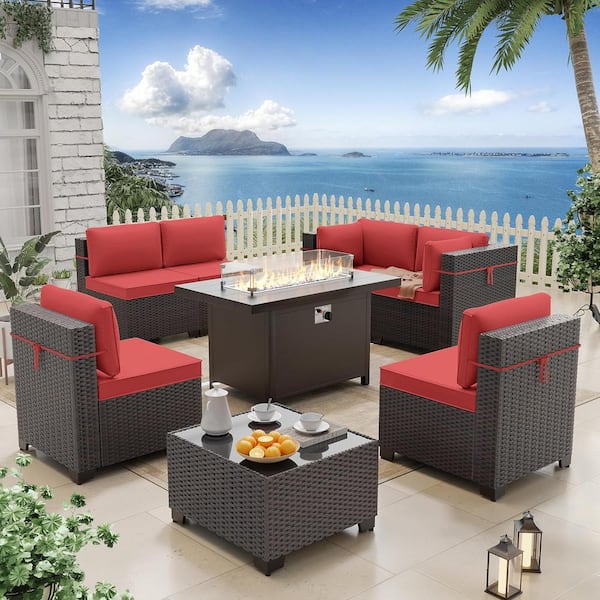 Halmuz 8-Piece Wicker Patio Conversation Set with 55000 BTU Aluminum Gas Fire Pit Table, Glass Coffee Table and Red Cushions
