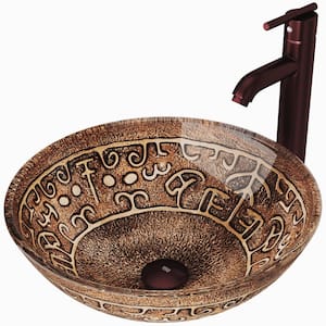 Vessel Bathroom Sink in Copper Mosaic with Faucet Set in Oil Rubbed Bronze