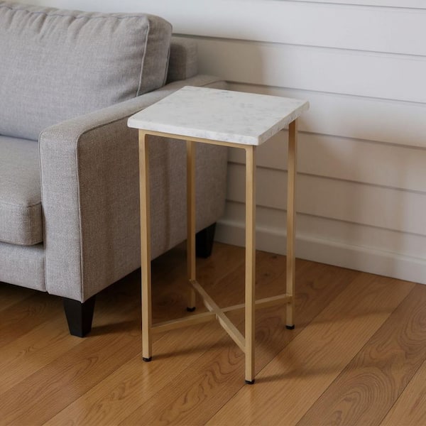 9 in. White, Antiqued Gold Square Marble End Table