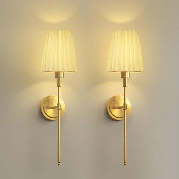 25 in. 1-Light Gold Modern Wall Sconce Set of 2 with Pleated Fabric Shade, Wall Lights for Bedroom and Living Room