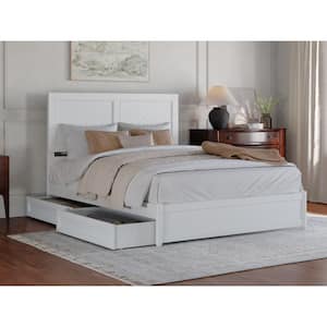 Clayton White Solid Wood Frame Queen Platform Bed with Panel Footboard and Storage Drawers